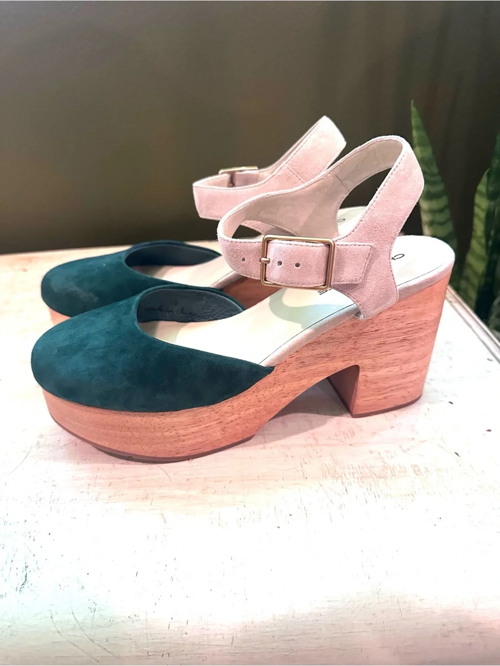 Charlotte Stone Emerald Suede Platform Sandals with Cream Ankle Strap